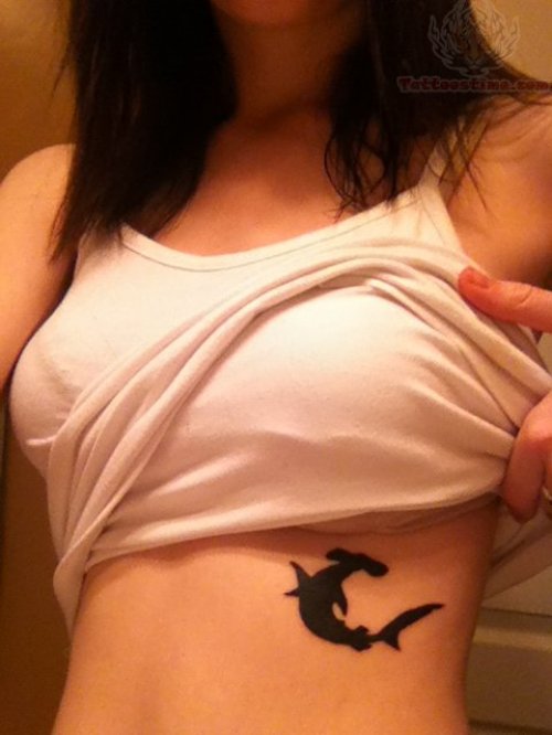 Hammerhead Shark Black Ink Tattoo on Girl Rib